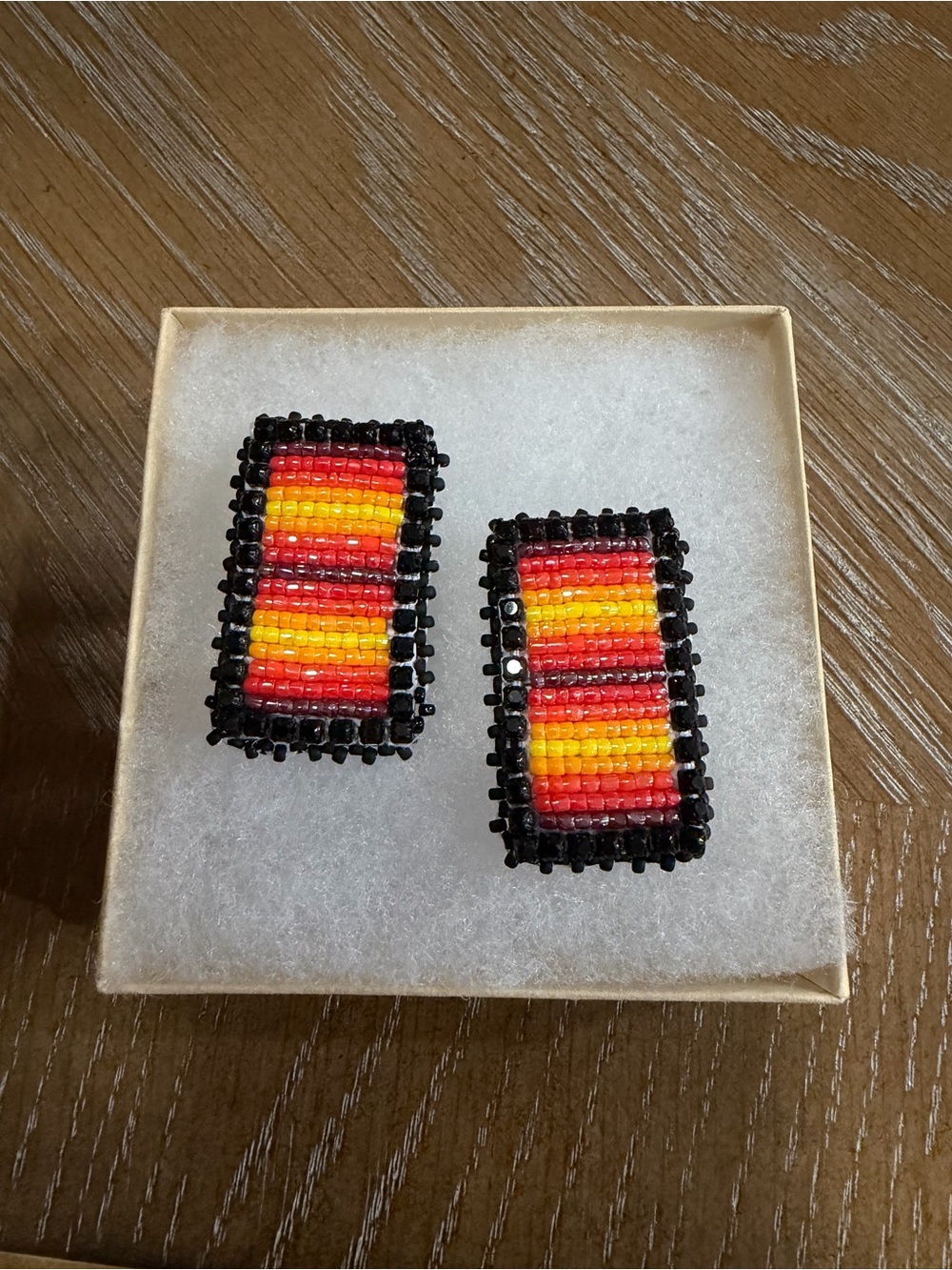Handmade Beaded Rectangular Earrings in Red, Orange & Yellow - Picture 4 of 4